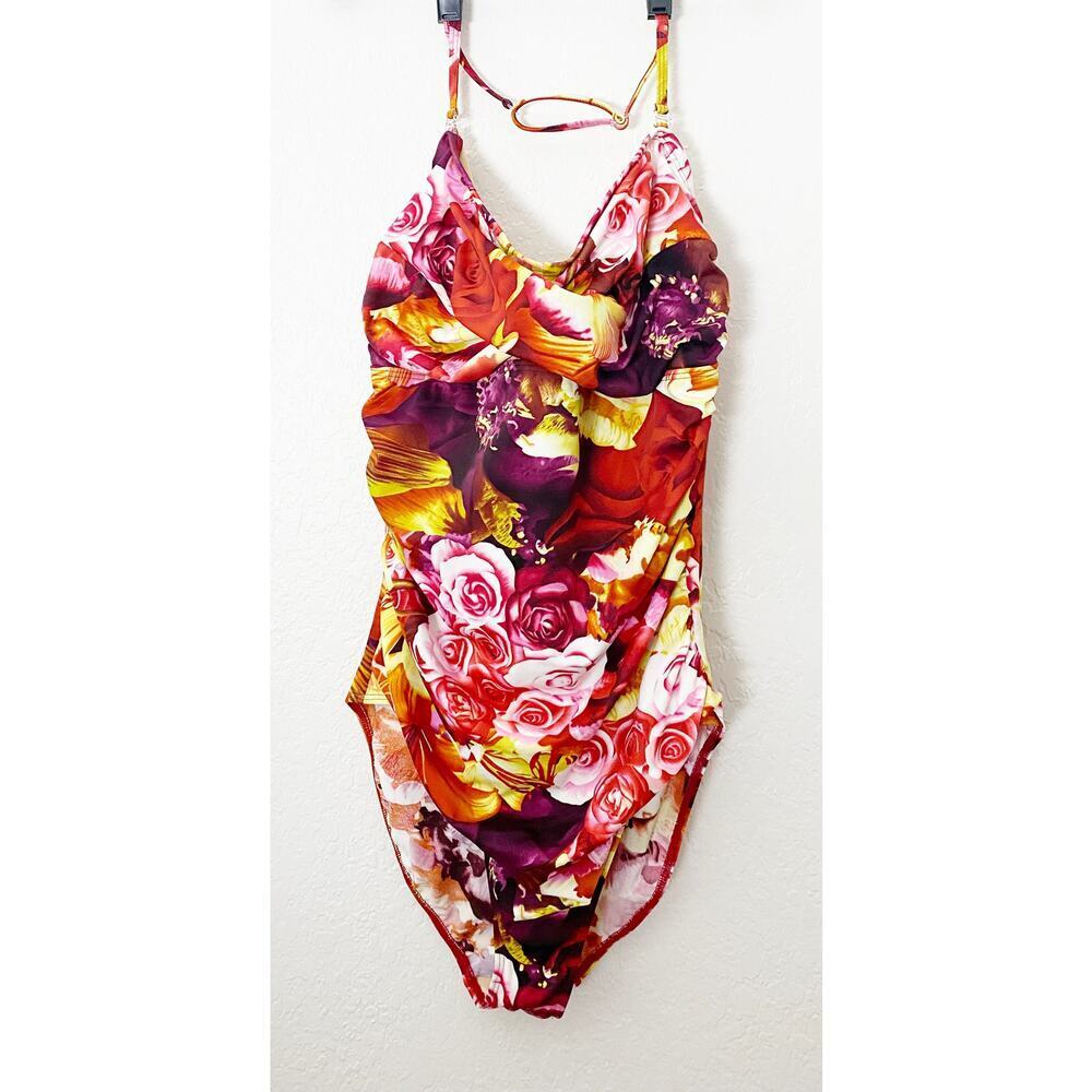 Newport News Swim Women's One Piece Shirred Orange Red Pink Rose Print Wired NWT